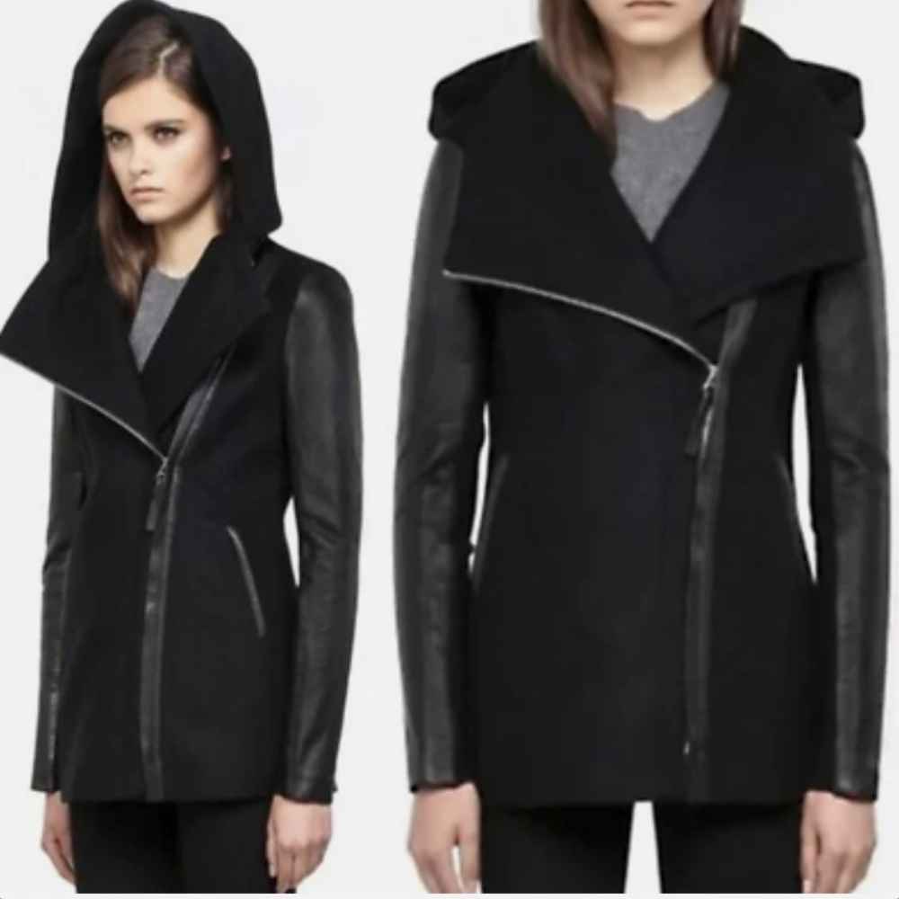 Mackage Odilia Black Wool & leather moto Jacket w/ removable hood XS EUC